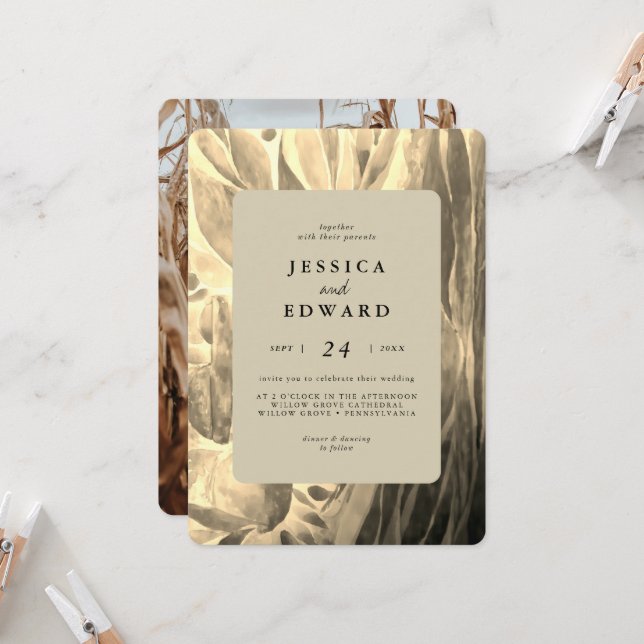 Convite Casamento de Fotografias de Ouro e Preto Elegante (Frente/Verso In Situ)