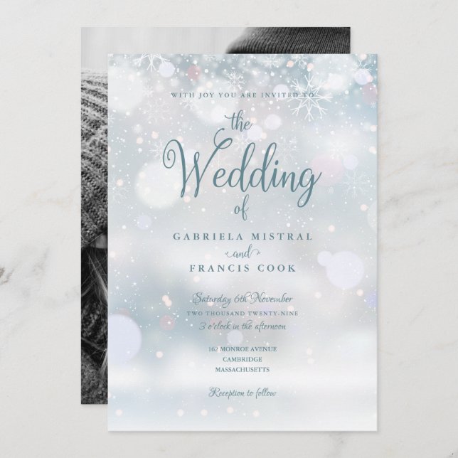 Convite Casamento de Fotografias de Snowflakes Elegante (Frente/Verso)
