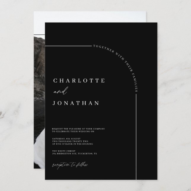 Convite Casamento de Fotografias do Arch Moderno Preto e B (Frente/Verso)