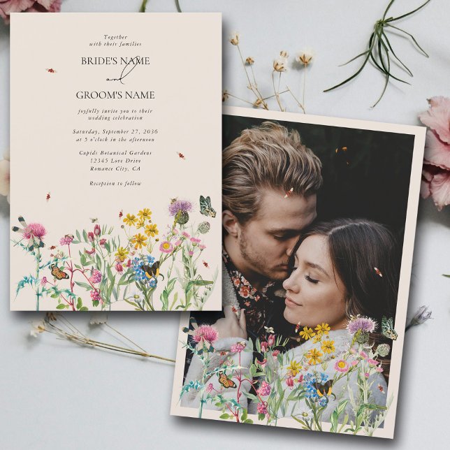 Convite Casamento de Fotografias do Casal de Watercolor Wi (Watercolor Wildflower Garden Couple Photo Wedding Invitation)