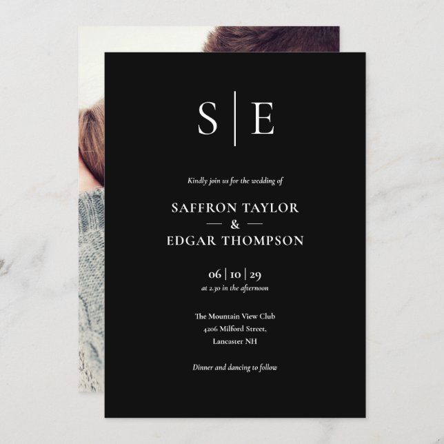 Convite Casamento De Fotografias Do Monograma Branco E Pre (Frente/Verso)