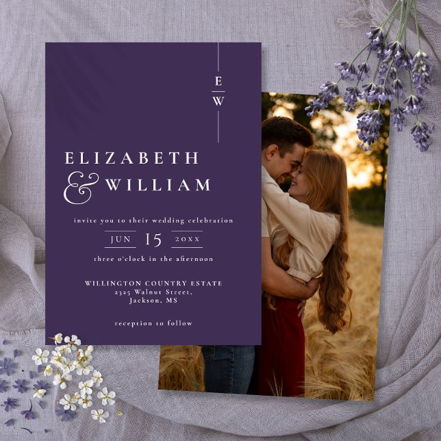 Convite Casamento de Fotografias do Monograma Moderno e Ro (Purple Modern Elegant Monogram Photo Wedding Invitation)