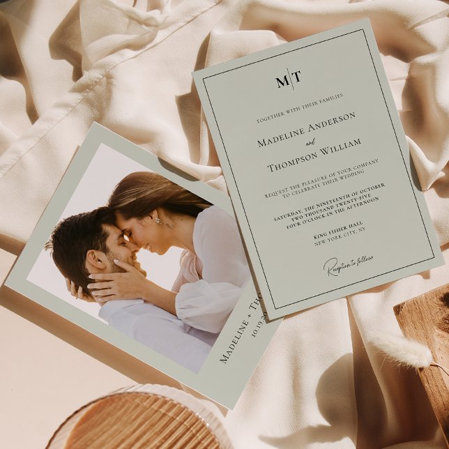 Convite Casamento de Fotografias do Monograma Verde Clássi (Criador carregado)