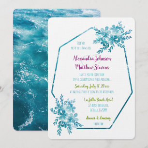 Convite Casamento de Fotografias do Oceano Azul Floral Mod