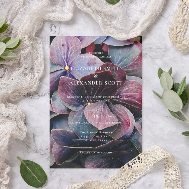 Convite Casamento de Fotografias Douradas de Hydrangeas Pú (Criador carregado)