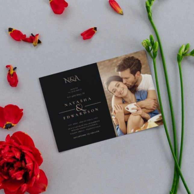 Convite Casamento de Fotografias Douradas e Negras (Criador carregado)