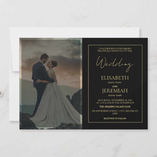 Convite Casamento de Fotografias Douradas e Negras Simples (Frente)