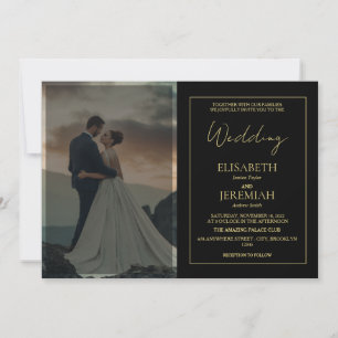 Convite Casamento de Fotografias Douradas e Negras Simples