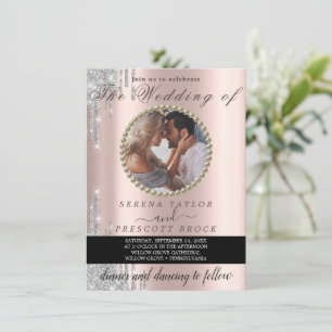 Convite Casamento de Fotografias Dourado com Rosa Especial