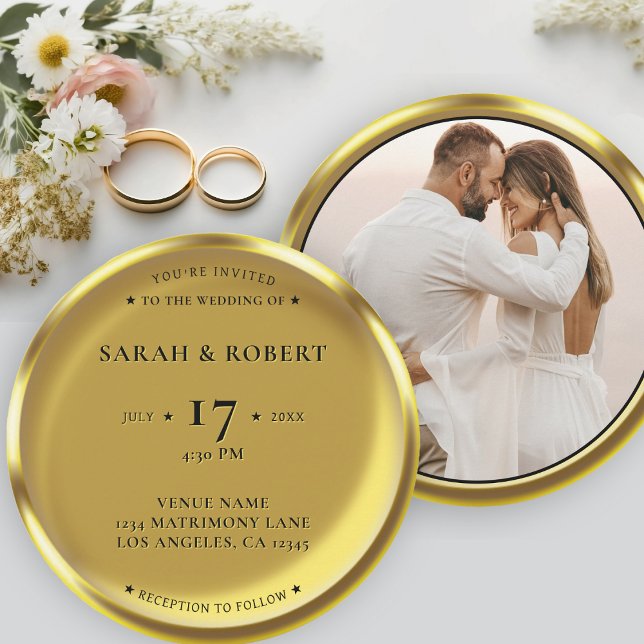 Convite Casamento de Fotografias Elegante de Moedas Dourad (Gold Coin Elegant Photo Round Wedding Invitation)