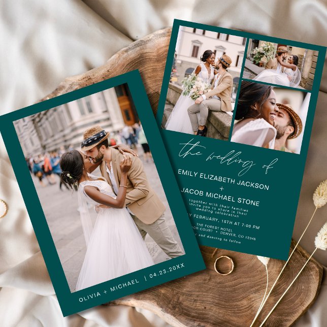 Convite Casamento de Fotografias Elegante Minimalista Teal (Criador carregado)