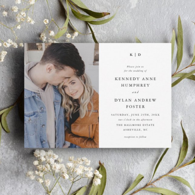 Convite Casamento de Fotografias Elegante Simples Preto e  (Simple Black and White Typography Minimal Photo Wedding Invitations.)