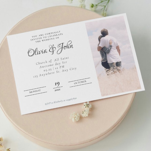 Convite Casamento de Fotografias em Branco Preto com Scrip (Elegant Script Black White Photo Wedding Invitation)