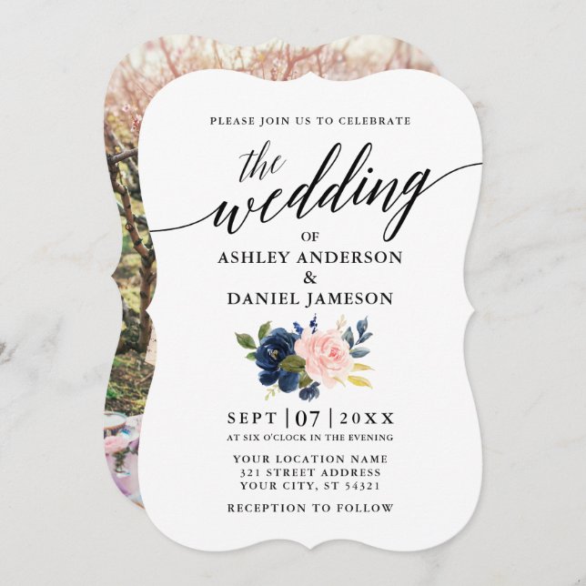 Convite Casamento de Fotografias Florais Azul Cor-de-Rosa (Frente/Verso)