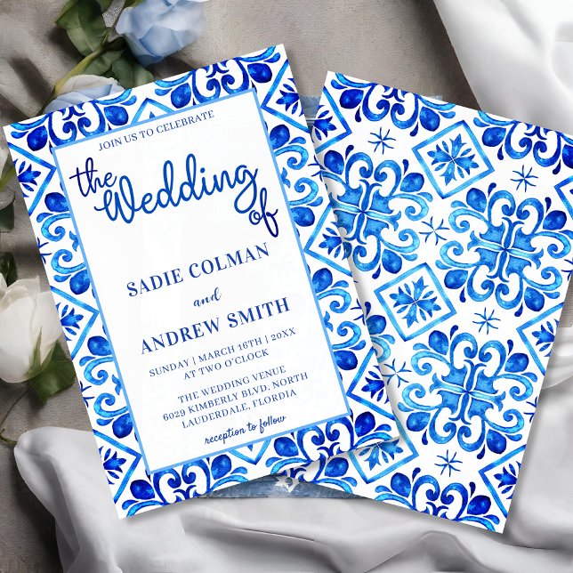 Convite Casamento de Fotografias Florais Azul e Branco mar (Criador carregado)