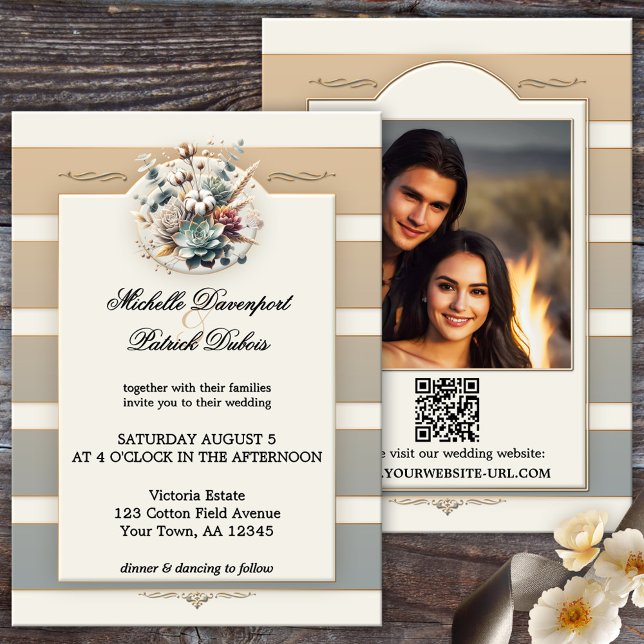 Convite Casamento De Fotografias Florais Com Tons Da Terra (Modern photo wedding invitation featuring an elegant striped design in pastel earth tones + QR code)