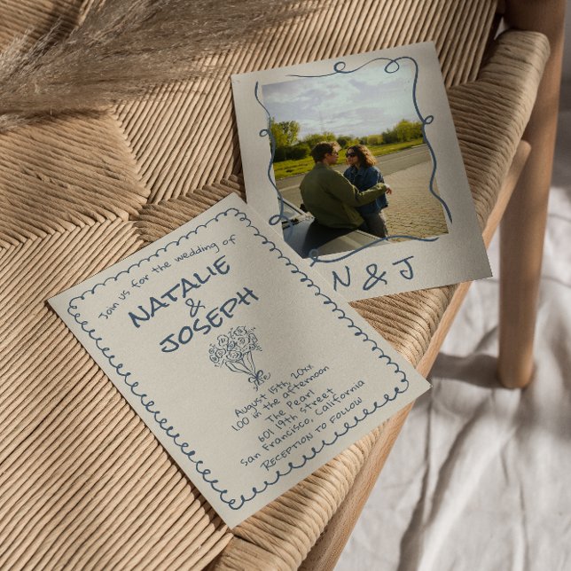 Convite Casamento de Fotografias Funky Azul-Marinho Desenh (Criador carregado)