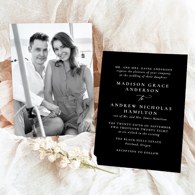 Convite Casamento de Fotografias Mínimas Modernas a Preto  (Criador carregado)