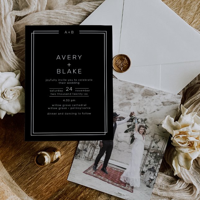 Convite Casamento de Fotografias Moderno Negra Negra (AVERY Modern Black Monochrome Photo Wedding Invitation)