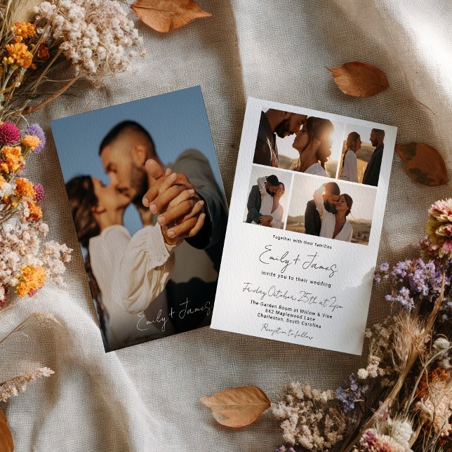 Convite Casamento de Fotografias Moderno Simples Elegante  (Modern Simple Elegant Minimalist 5 Photo Wedding Invitation)