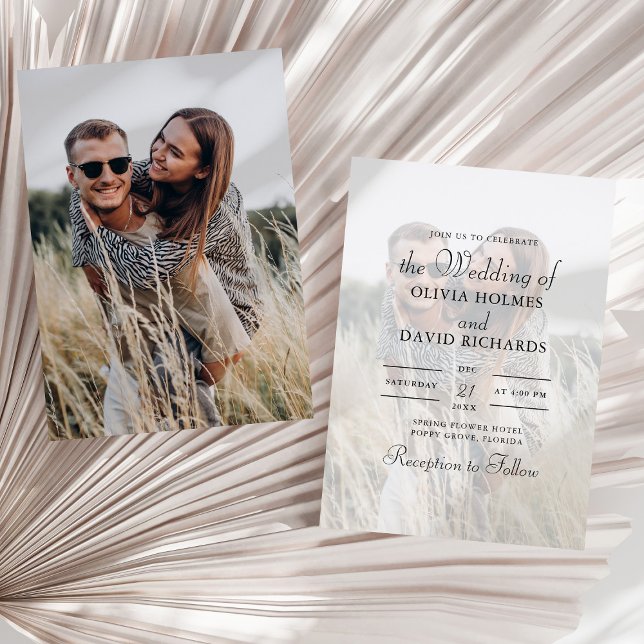 Convite Casamento de Fotografias Personalizado Simples Min (Simple Minimalist Custom Photo Wedding Invitation on a sunny neutral dry palm leaf.)