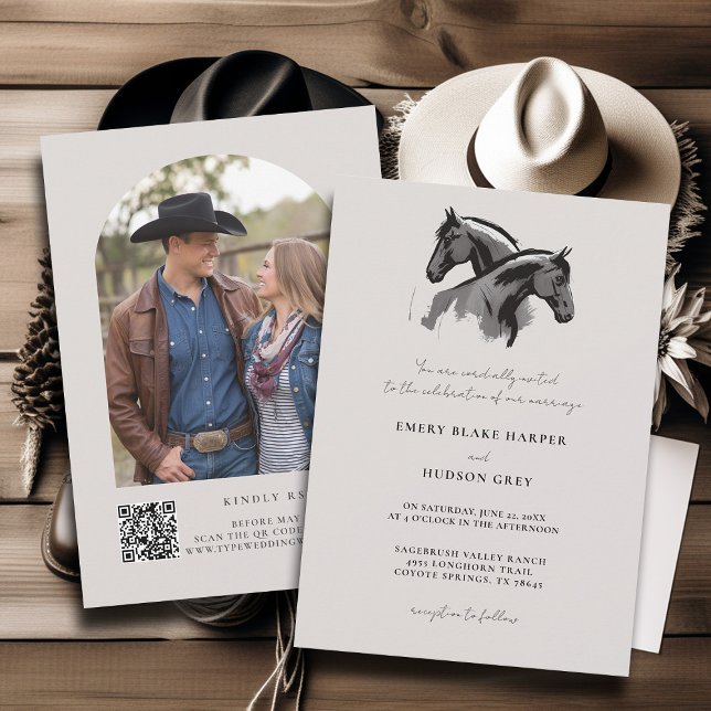 Convite Casamento de Fotografias Russas Ocidentais do Sket (country wedding invitation western cowboy horses art sketch black white ecru rustic modern)