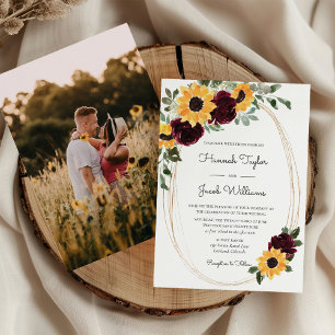 Convite Casamento de Fotografias Rustic Sunflower & Burgun