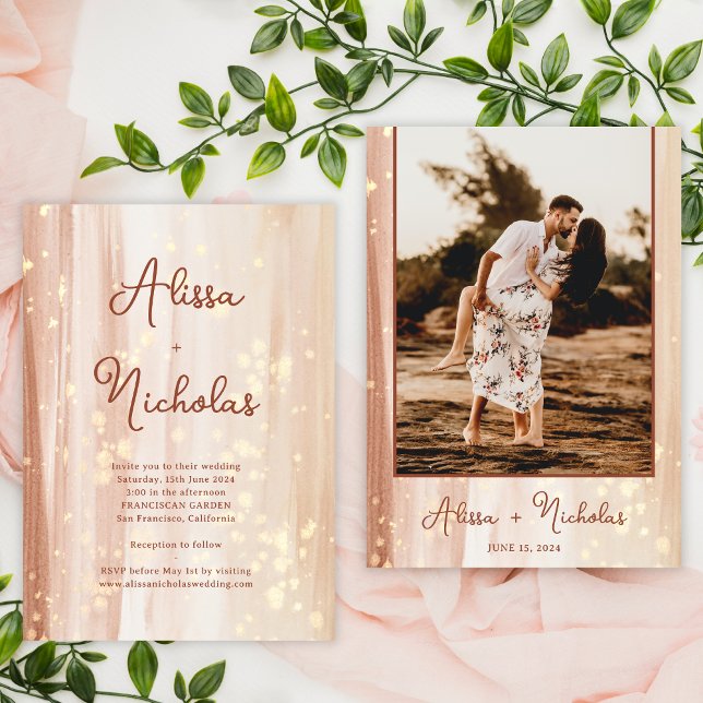 Convite Casamento de Fotografias Rustic Terracotta Dourada (Criador carregado)