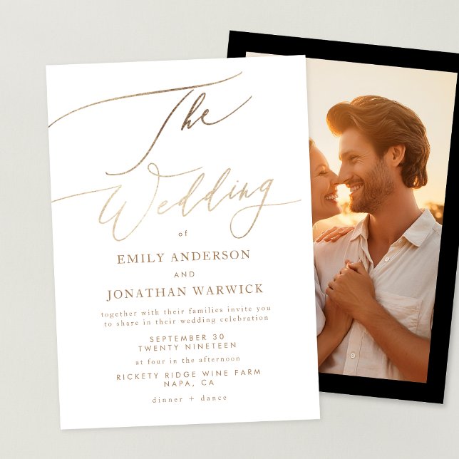Convite Casamento de Fotografias Simples e Dourada Caligra (Criador carregado)