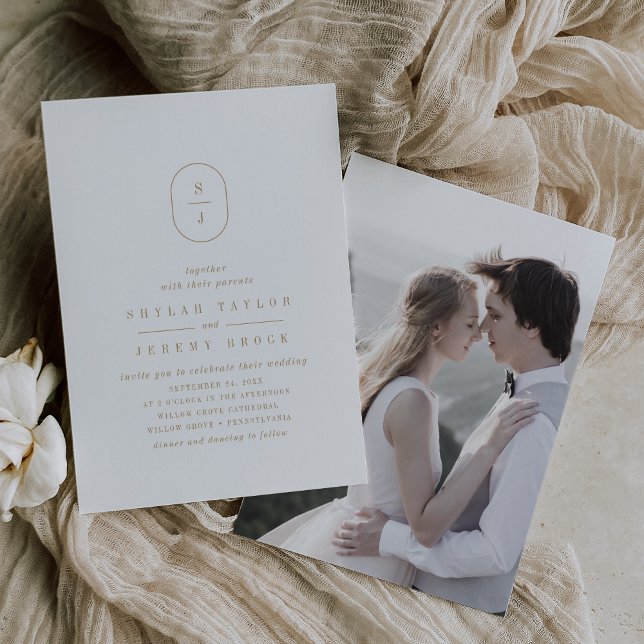 Convite Casamento de Fotografias Simples e Dourada SHYLAH (SHYLAH Minimal Gold Simple Modern Photo Wedding Invitation)