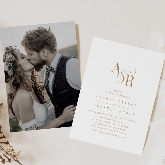 Convite Casamento de Fotografias Simples e Dourado de ANDR (ANDREA Monogram Gold Simple Minimal Photo Wedding Invitation)