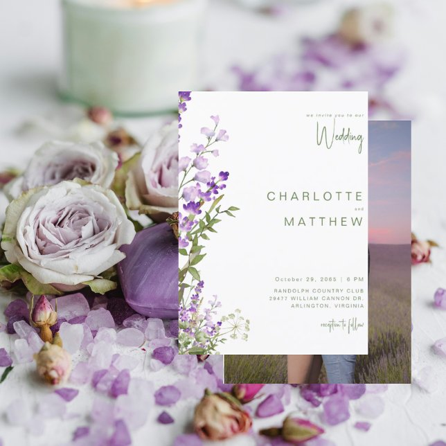 Convite Casamento de Fotografias Simples Greenery Lavanda (Criador carregado)