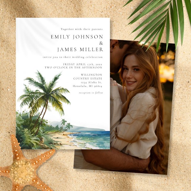 Convite Casamento de Fotografias Tropicais de Praia Modern (Modern Watercolor Tropical Beach Photo Wedding Invitation)