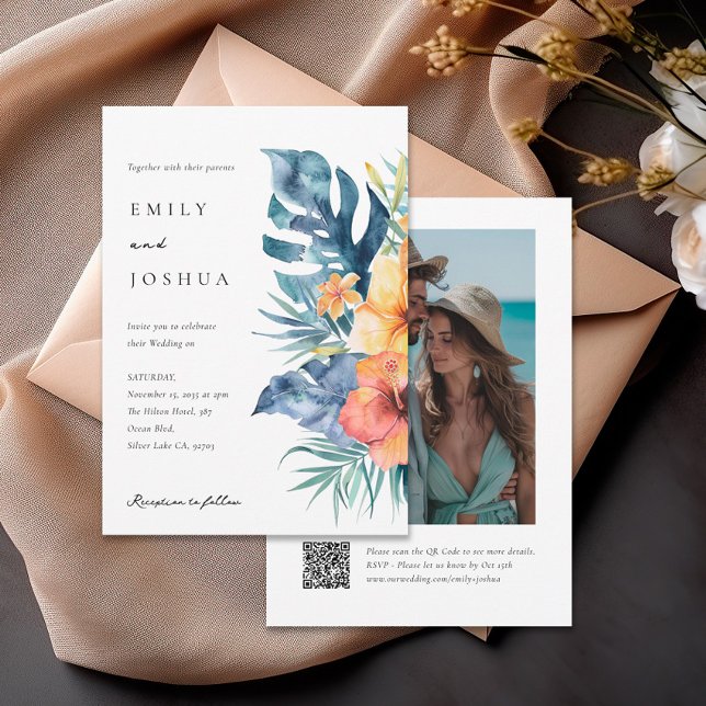 Convite Casamento de Fotografias Tropicais de Verão QR (Criador carregado)