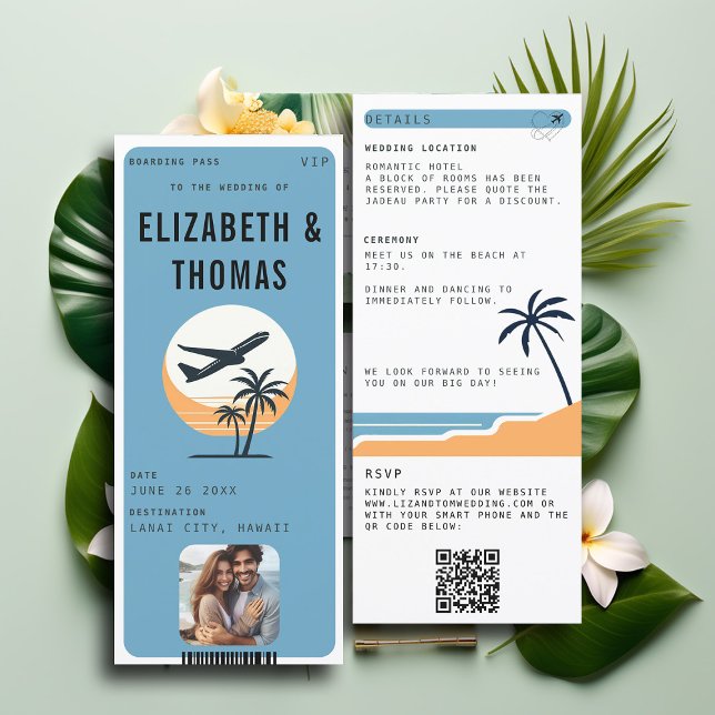 Convite Casamento de Fotografias Tropicais Modernas de Des (tropical beach destination wedding invitation boarding pass qr code all in one photo QR modern)