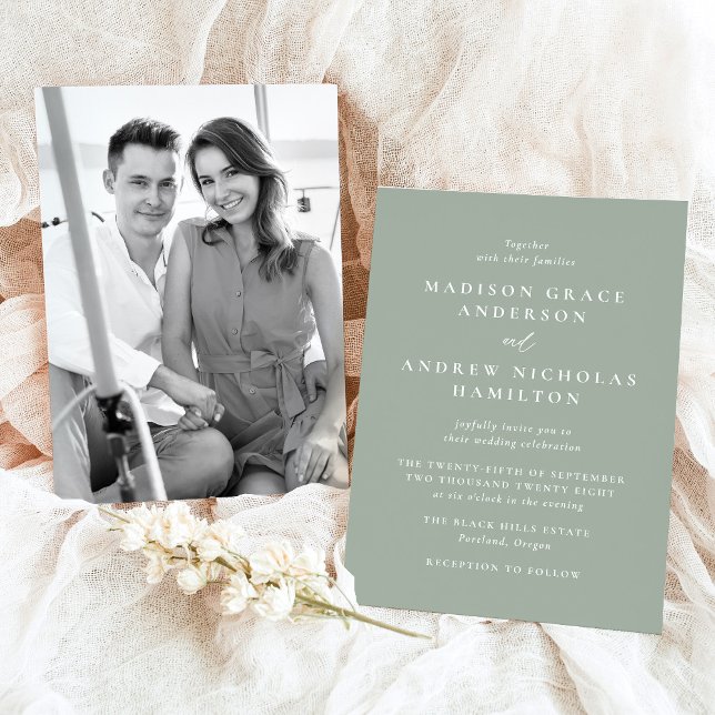 Convite Casamento de Fotografias Verdes Mínimas Modernas (Criador carregado)