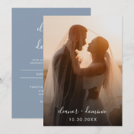 Convite Casamento de Fotos Azul com Dusty de Script Minima