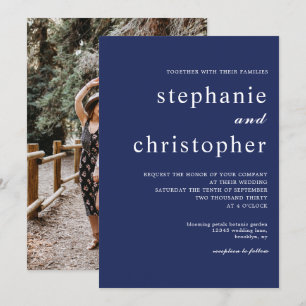 Convite Casamento de Fotos Azul com Marinho de Script Mini