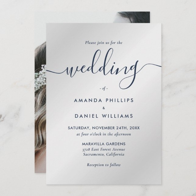 Convite Casamento de Fotos Azul e Silver do Marinho Modern (Frente/Verso)