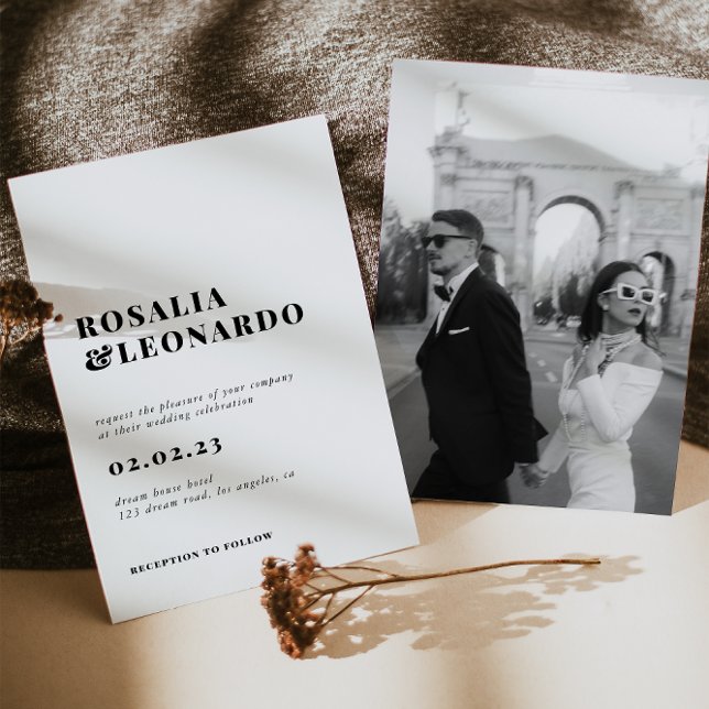 Convite Casamento de Fotos Branca e Preto Elegante Moderno (Criador carregado)