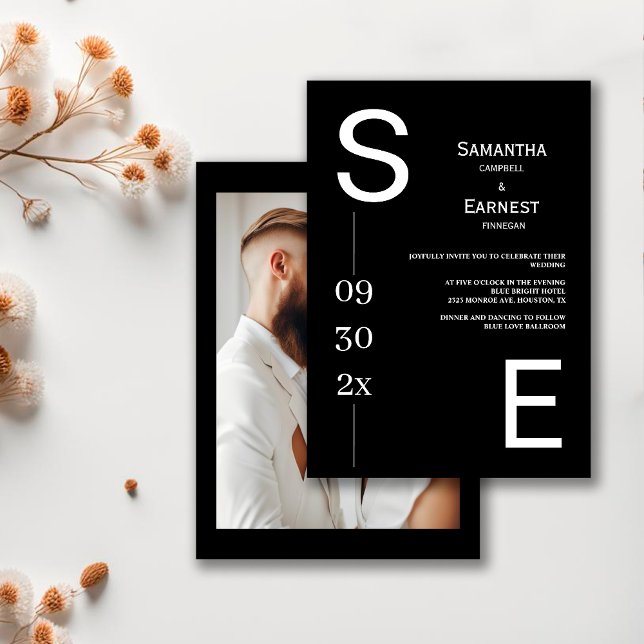 Convite Casamento de Fotos Branca e Preto Simples Moderno (Criador carregado)