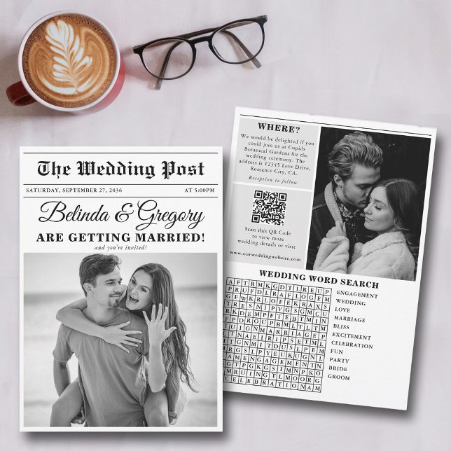 Convite Casamento de Fotos Brancas e Negras (Wedding Newspaper Fun Black & White Photo Wedding Invitation)