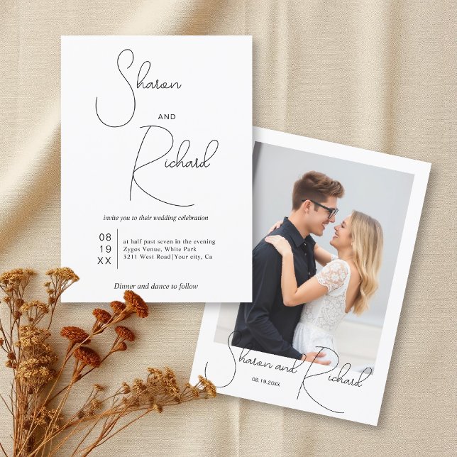 Convite Casamento de fotos brancas e pretas da caligrafia (Criador carregado)