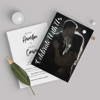 Convite Casamento de Fotos Branco e Preto de Script Elegan