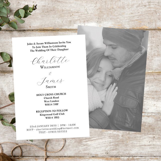 Convite Casamento De Fotos Branco E Preto De Script Elegan (Front And Back)