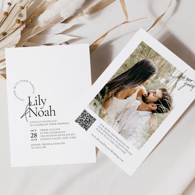 Convite Casamento de Fotos Branco e Preto Moderno Minimali (Criador carregado)