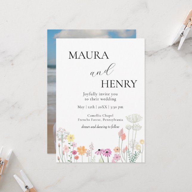 Convite Casamento de fotos casuais de Primavera Wildflower (Frente/Verso In Situ)
