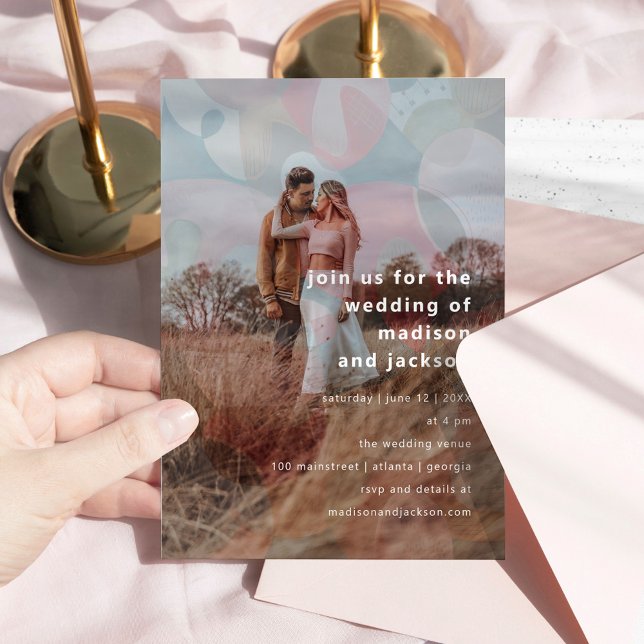 Convite casamento de fotos coloridas da camada abstrato mo (modern abstract colorful overlay photo wedding invitation)