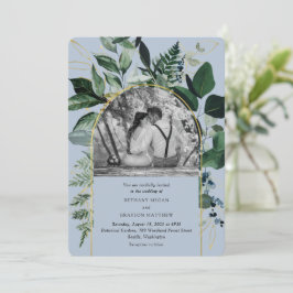 Convite Casamento de fotos com Dusty Blue Modern Botanical