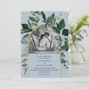 Convite Casamento de fotos com Dusty Blue Modern Botanical